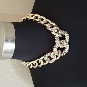 Chunky Gold Hammered Rhinestone Large Link Statement Necklace